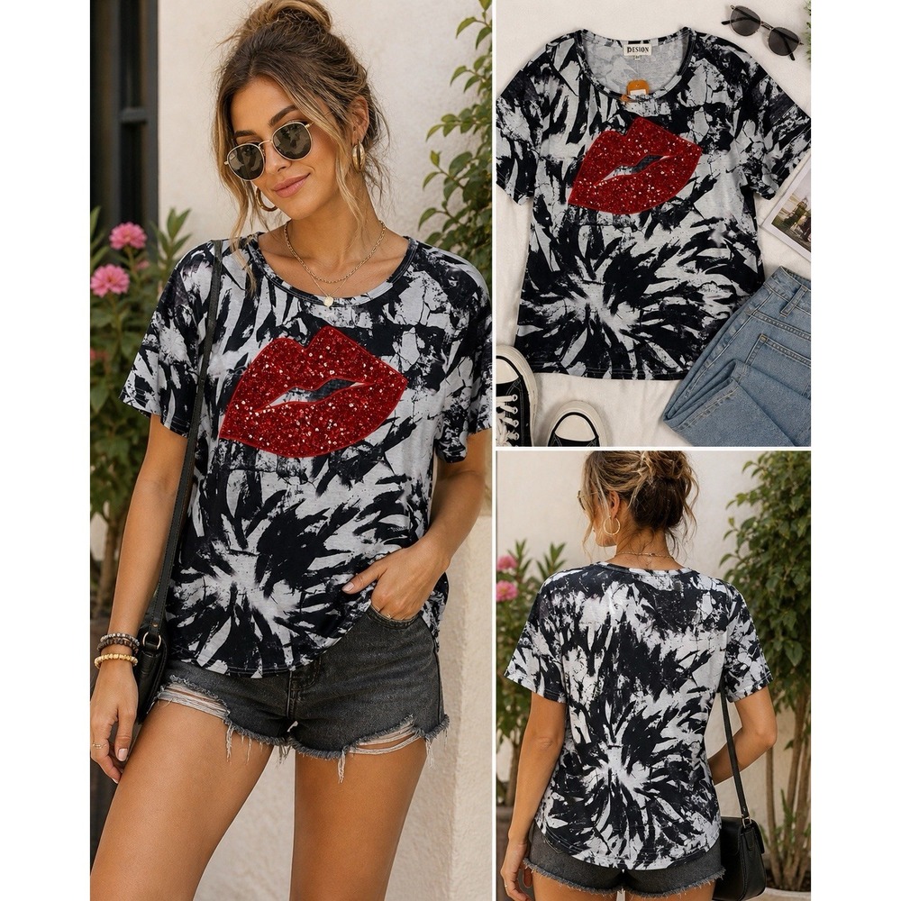 Pesion Black and White Abstract T-Shirt with Red Sequined Lips M Graphic Y2K